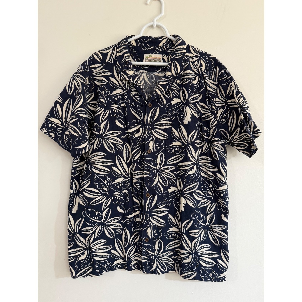 Patagonia Pataloha Mens XXL Navy White Tropical Leaf Organic Cotton Shirt